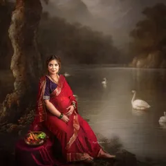 A stunning piece of digital art where the mother-to-be is placed in a classical painting of a lakeside with swans. This composite image is the ultimate tribute to the art of Raja Ravi Varma.