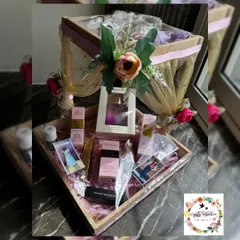 Another angle of the bride-to-be makeup hamper, showing the beautiful net and floral wrapping that makes it perfect for wedding gifting.