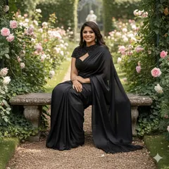 A beautiful portrait in the black saree-gown, showcasing the stylish high-neck blouse with intricate beadwork.