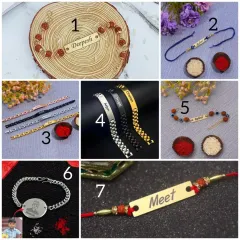 I offer a wide variety of personalized rakhis. This image shows several styles, including name-engraved wooden rakhis, metal bracelets, and photo rakhis.