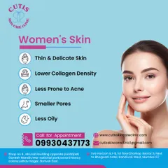 This graphic outlines the typical characteristics of women's skin, which is often thinner, has lower collagen density, and is less oily compared to men's skin. Understanding these differences is key to providing the right care.