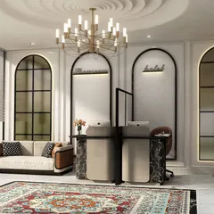 This elegant hotel lobby design shows how I tailor each space to a unique vision. The design features classic arches, a statement Persian rug, and modern furniture to create a welcoming and sophisticated entrance.