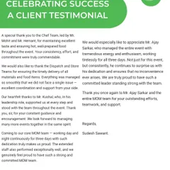 A special thank you from a client to our Chef, Dispatch, and Store teams for maintaining excellent taste and ensuring timely delivery of all materials during a large event.
