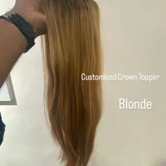 This is a customized blonde crown topper. We can create toppers in any color to perfectly match your hair, ensuring an undetectable blend.
