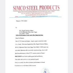 A performance letter from Simco Steel Products, certifying that the HIKVISION CCTV and EPABX system I installed was working well and that my after-sales service was prompt.