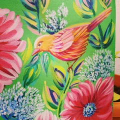 Here you can see the fine details of the bird, with its multi-toned feathers, nestled among the leaves. Capturing these small elements is what gives the painting its character.