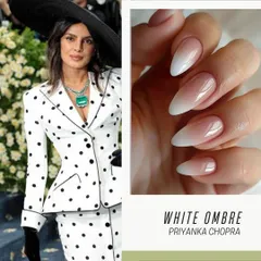Inspired by Priyanka Chopra's red carpet look, this is a classic white ombré or "baby boomer" nail. It's a timeless and elegant style that is always in fashion.