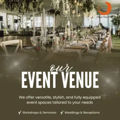 We offer versatile, stylish, and fully equipped event spaces tailored to your needs. This graphic highlights our suitability for workshops, seminars, weddings, and receptions, complete with our contact information.