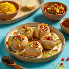 Dahi Puri from Gulab Sweets, with a vibrant blue background that makes the colors of the chutneys and pomegranate seeds pop.