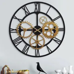For a touch of industrial chic, this large wall clock features exposed golden gears on a black metal frame, making it a bold statement in a modern office or home.