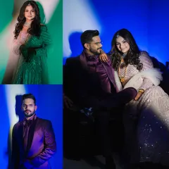 A collage showcasing the modern, stylish portraits from Abhilash and Jagruti's engagement. I use creative lighting to capture both individual portraits and couple shots that reflect your personality.