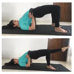 Setu Bandhasana (Bridge Pose) and its one-legged variation. This pose strengthens the back, buttocks, and hamstrings while helping to calm the brain and alleviate stress.