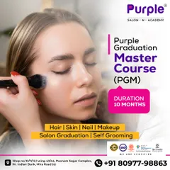 Our 10-month Purple Graduation Master Course is the complete package for a career in beauty. It provides in-depth training across all major verticals: Hair, Skin, Nail, and Makeup, along with essential self-grooming and salon graduation skills.