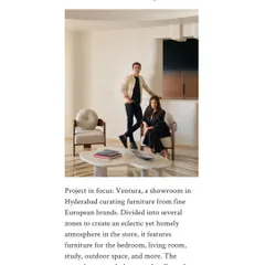 Our feature in the AD100 2025 list by Architectural Digest India. This recognition highlights our work on the Ventura showroom in Hyderabad, noting its eclectic yet homely atmosphere and unique design elements.