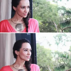 A diptych showing two similar poses from the same session. This illustrates how a slight change in gaze or angle can create a different mood, moving from introspective to observant.