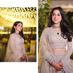 A collage of the bride at her reception. The photos capture her elegant look against a backdrop of beautiful bokeh lights, perfect for an evening celebration.