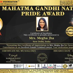 I am honored to be recognized with the Mahatma Gandhi Nation Pride Award as an Excellent Female Criminal Lawyer. This is a testament to the hard-fought battles and the trust my clients place in me.