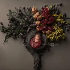 A truly creative digital artwork. The newborn is photographed in a nest, which is then digitally composed into a beautiful tree made of flowers against a dark, moody backdrop.
