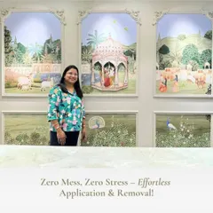 This client is delighted with her new Pichwai-style wallpaper panels. This traditional art form, featuring intricate details and serene subjects, is a beautiful way to add cultural elegance to any interior.
