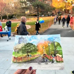 A beautiful autumn day in Boston's Titus Sparrow Park, captured in watercolour. I tried to paint the warm fall colours and the mix of nature and city skyline in this piece.