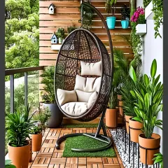 A perfect reading nook on a balcony, featuring a comfortable swing chair surrounded by lush plants and wood deck tiles.