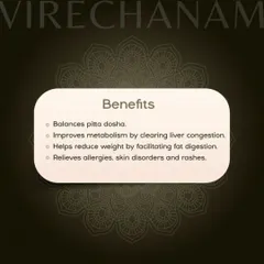 The benefits of Virechanam include balancing Pitta dosha by clearing liver congestion, improving metabolism, and relieving allergies and skin disorders. It is a powerful therapy for purification.