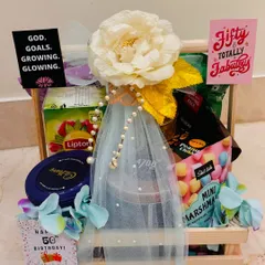 Another look at our 50th birthday hamper, showing the fun and motivational cards we include to make the celebration extra special.