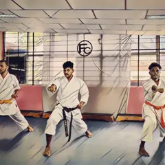 Three of my senior students demonstrating a powerful kiba-dachi (horse stance) and punch. This image captures the intensity and precision we strive for in our adult karate classes.