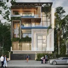 For this residential building, I focused on creating a nature-responsive design. The facade is a collage of materials, including marble, wood slats, and extensive vertical greenery, with each floor having its own unique character and connection to the outdoors.