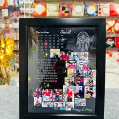 This birthday-themed collage frame is designed to tell a story. It holds 15-20 of your pictures, a personal message, and a calendar to highlight the special day, all arranged in a sleek black frame.