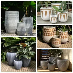 A collage showcasing some of the new designer planters available in our showroom, featuring various textures, patterns, and finishes.