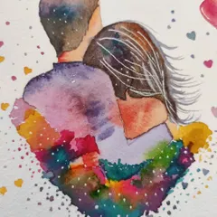 A close-up of my signature watercolor couple portrait. I use a galaxy-like wash of colors to form the shape of the couple, symbolizing a universe of love. This is a popular choice for a personalized romantic gift.