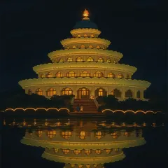 The Vishalakshi Mantap at night, reimagined as a Ghibli-style animation with its reflection shimmering in the water. It's a whimsical take on a place of deep peace.