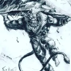 A powerful pencil sketch of Lord Hanuman lifting the Sanjeevani mountain. The drawing emphasizes his immense strength and devotion, with detailed muscle texture and shading.