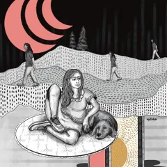 A surreal landscape where a girl and her dog float on a magic carpet, observing others walk through a dream-like world. This illustration is about giving yourself the freedom to explore beyond your current reality and to let go of what holds you back.
