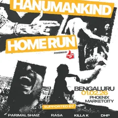 A high-energy, textured poster for the Hanumankind Home Run tour. Our design aesthetic for hip-hop is raw, dynamic, and instantly grabs attention.