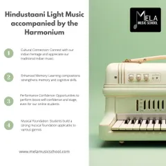 A graphic explaining how learning Hindustani music on the harmonium builds performance confidence and connects students to Indian heritage. My online students get performance opportunities too.