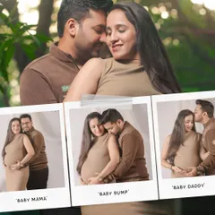 A creative collage using a polaroid theme to highlight different moments from a couple's maternity shoot, from 'Baby Mama' to 'Baby Daddy'.