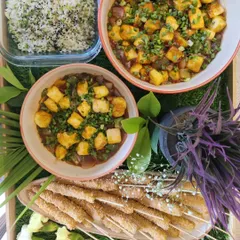 Here is a look at a complete Asian meal we catered. It features our popular crispy baby corn skewers, savoury tofu in black bean sauce, and a side of ginger capsicum fried rice, perfect for a family dinner or small party.