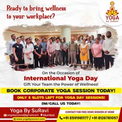 A snapshot from a corporate session on International Yoga Day. We create a supportive environment where team members can connect and de-stress together, fostering better team cohesion and morale.