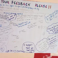 Our feedback wall after a parent-child workshop, filled with wonderful comments. It's heartwarming to read about the positive experiences and creative fun everyone had.