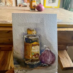 Random things I pick from the kitchen for a quick sketch. This watercolor still life of a spice bottle and an onion was done in my favorite sketchbook, a simple study of light and form.