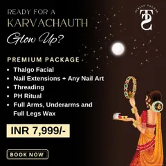 My Premium Karvachauth Package, designed for a complete head-to-toe glow. This all-inclusive offer combines a Thalgo facial, custom nail extensions, a PH hair ritual, and full waxing services.