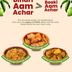 Not all mango pickles are created equal. Our Bihari aam achar carries the legacy of Mithila. This carousel shows our three main varieties: Kuccha Mango (Grated), Khatt-Meethi, and the Mithila Special.