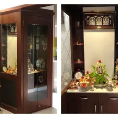 This split image displays a corner pooja unit, showing both the elegant exterior with glass doors and the beautifully decorated interior. The inside is well-organized with shelving and a marble-top cabinet for storing prayer essentials.