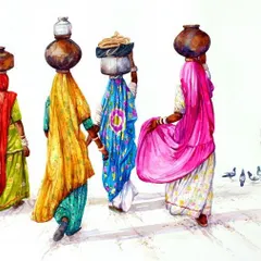 Siva Balan is a master of capturing the essence of Indian culture. This watercolor painting of women in a rural setting is alive with color and movement, telling a story of community and daily tradition.