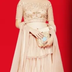 A modern take on the lehenga, this set features a tiered net skirt paired with a beautifully embroidered half-sleeve blouse. The neutral tones make it a versatile choice for various occasions, from engagement parties to receptions.