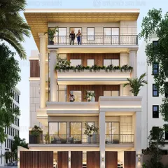 The front elevation of the Naraina Vihar home, showcasing its symmetrical design and classical proportions. The prominent roof cornice and detailed balcony railings add to its stately and elegant character.