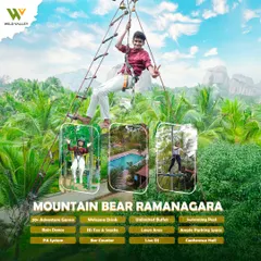 This is our Mountain Bear resort in the famous Sholay hills of Ramanagara. It features a massive swimming pool with a jacuzzi, a military combat arena, and over 30 adventure games with incredible hilltop views.