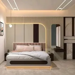 A 3D design for a modern bedroom. It features a floor-lit bed, a full-height fluted panel wall with a curved niche, and an integrated floating dressing table.